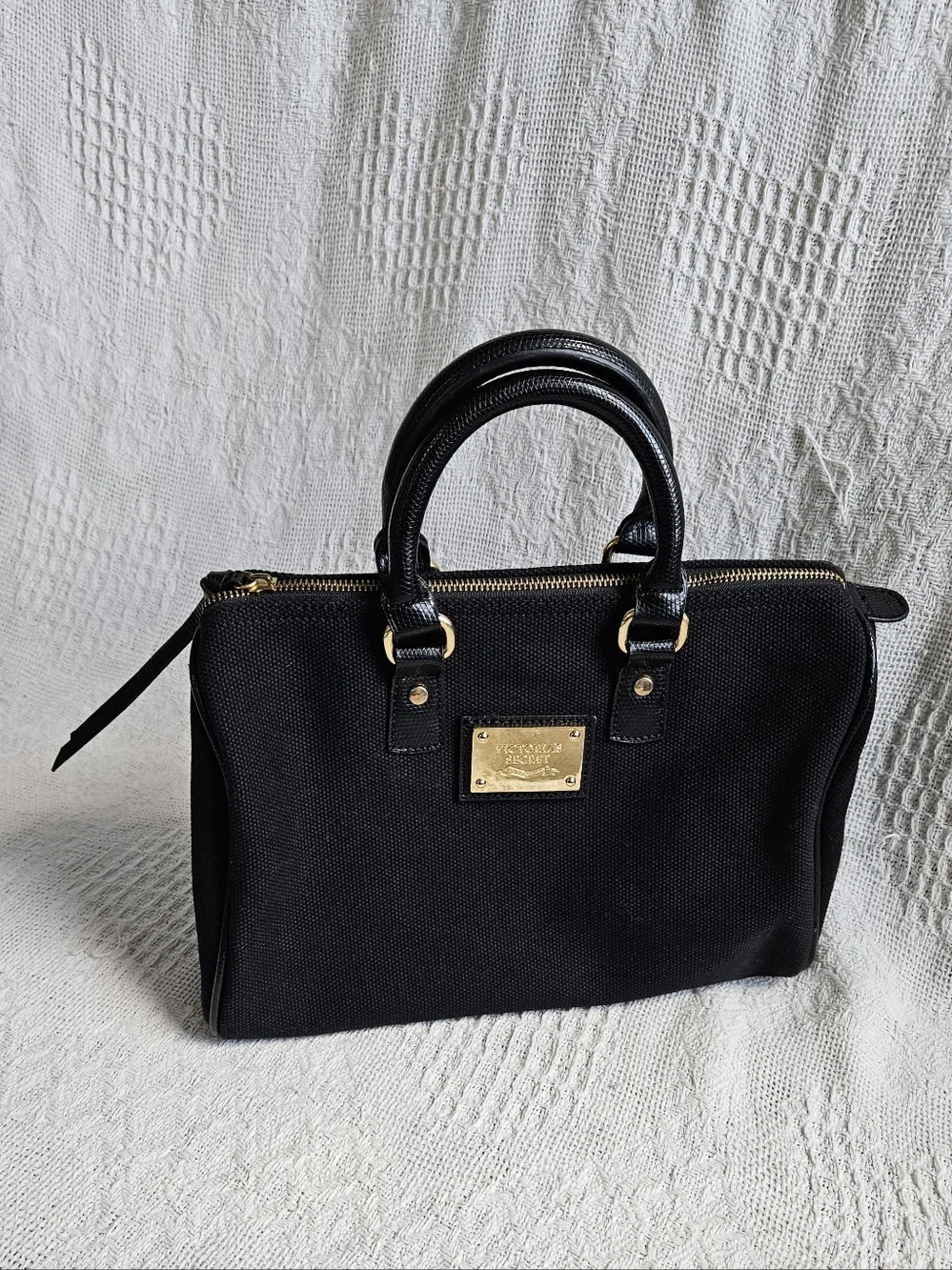 Victoria's Secret Black Canvas Satchel with Gold Hardware